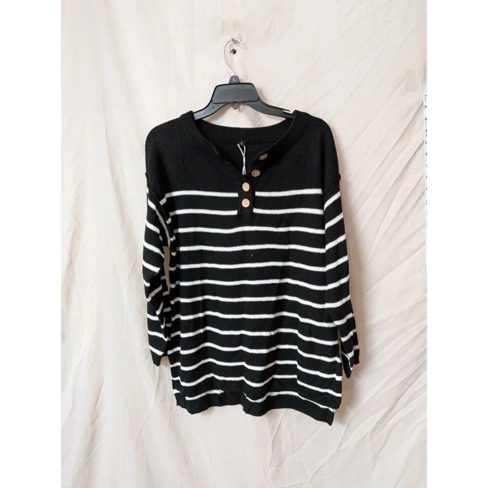 oversized, black and white striped waffle-knit Henley sweater